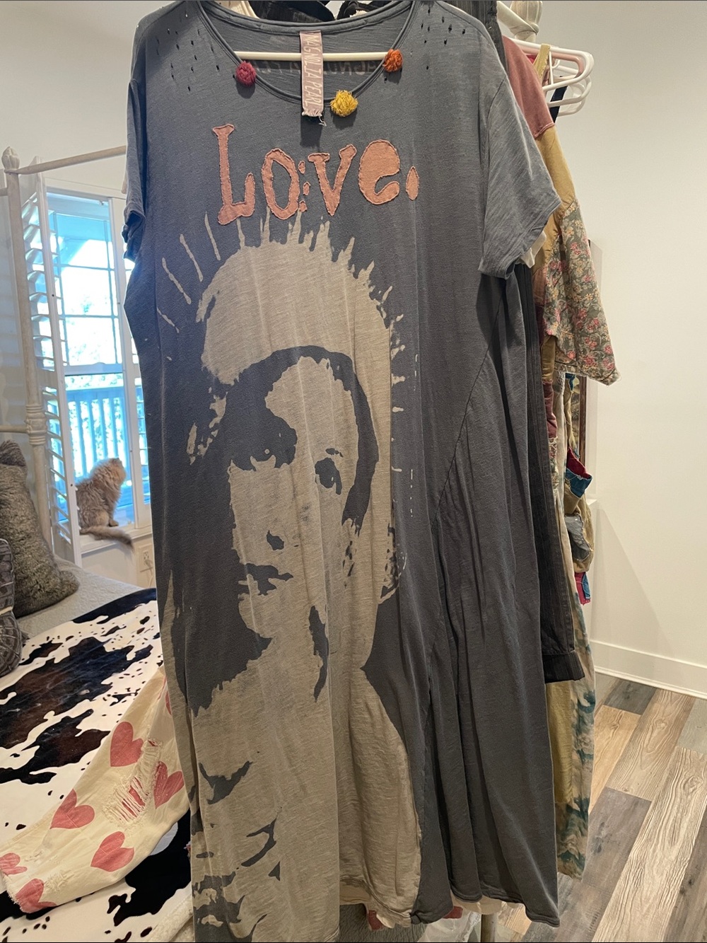 Magnolia Pearl Grey Tunic with Cream Portrait and Pink 'Love'